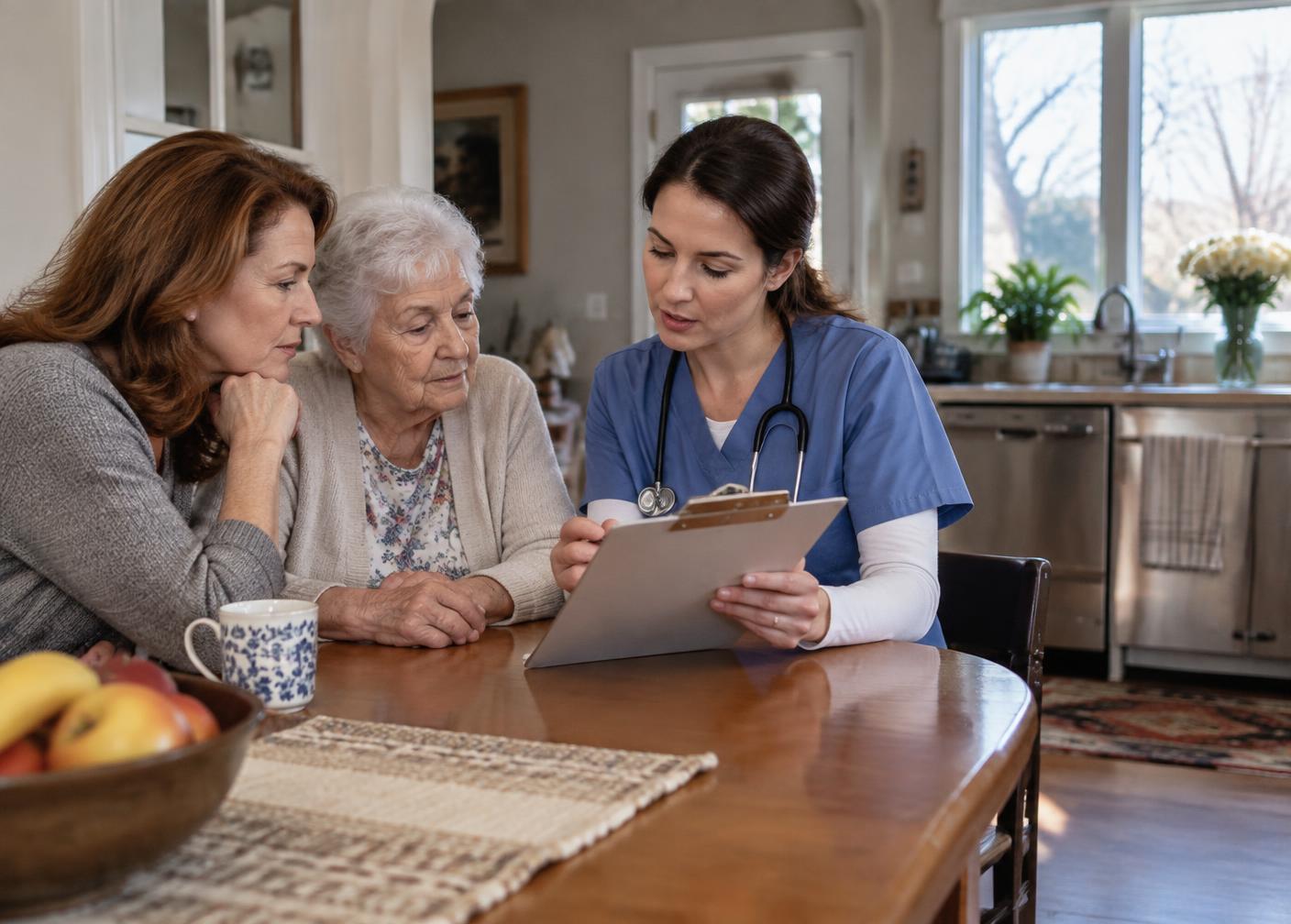 An older patient and family caregiver reviewing a care plan with a visiting provider